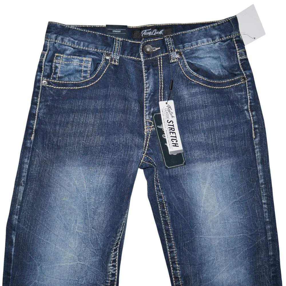 True Luck Straight Leg Jeans Dark Wash Denim Men's Size 32x32 Thick Stitch BKE